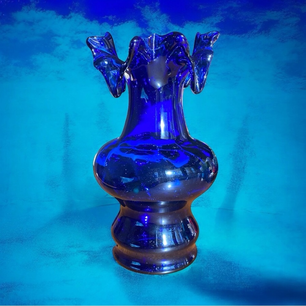 Vintage Mid Century Cobalt Blue Ruffled Glass Vase